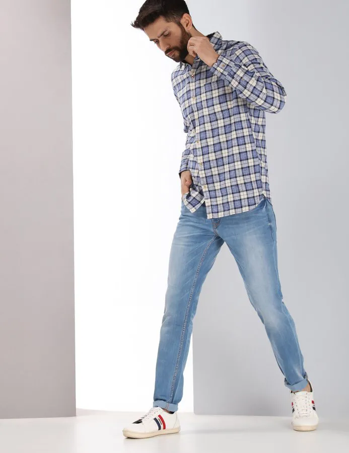 white with blue check shirt